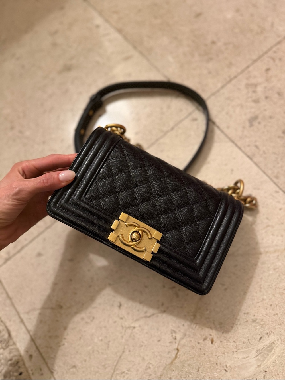 CHANEL Black Quilted Boy Crossbody with Gold Hardware